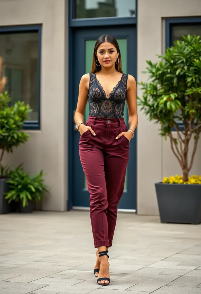 Lace Bodysuit with High-waisted Pants