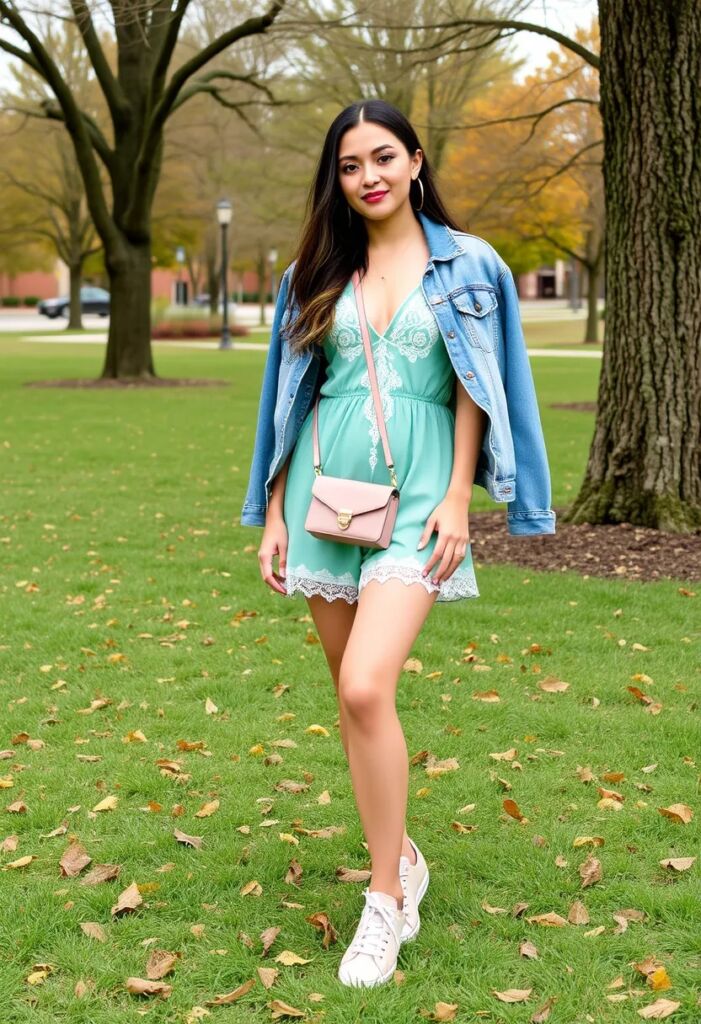 Matcha Romper with Denim Jacket