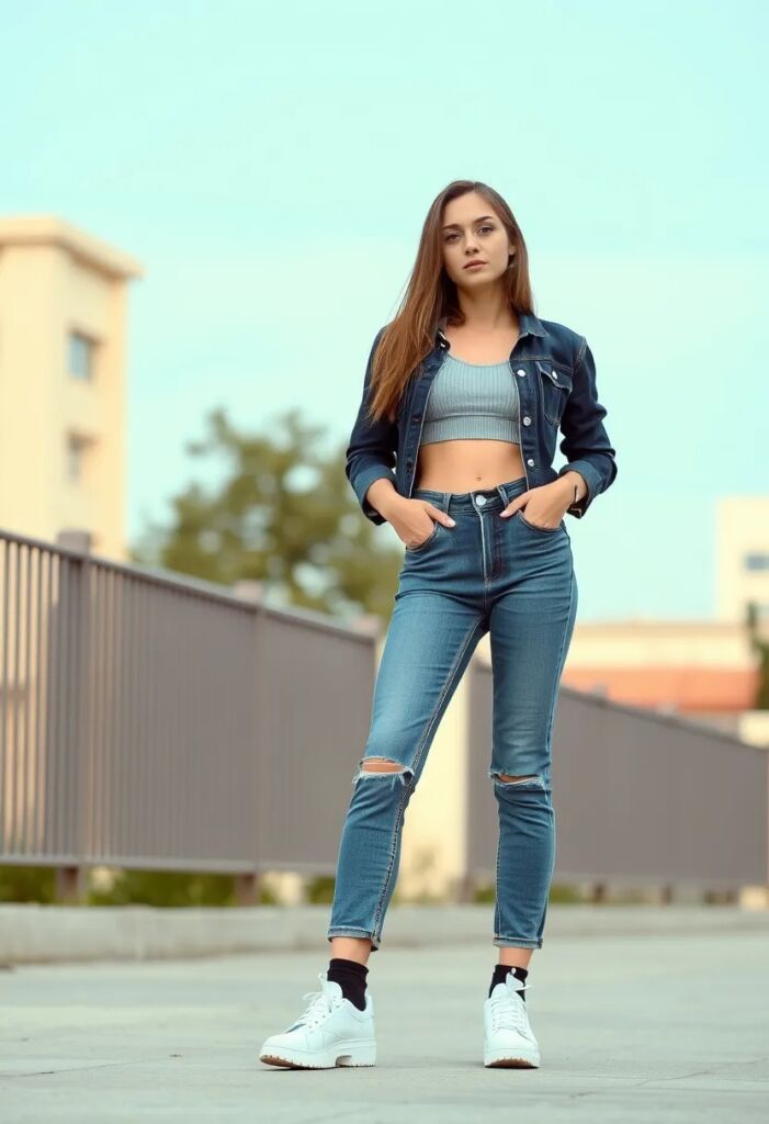 Street Style Crop Top and High-Waisted Jeans