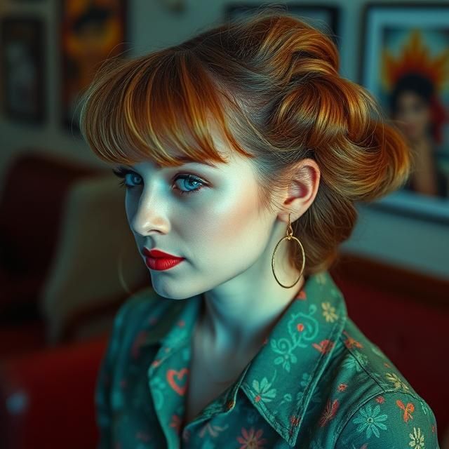 1970s style retro hairstyle and makeup