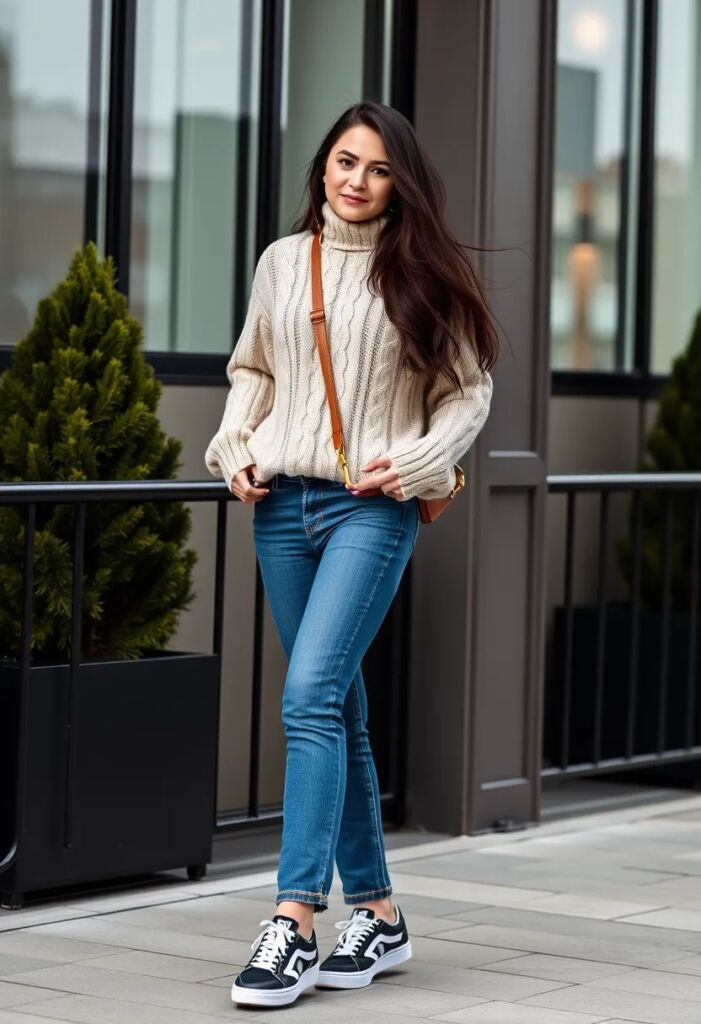 Cable Knit Sweater and High-Waisted Jeans