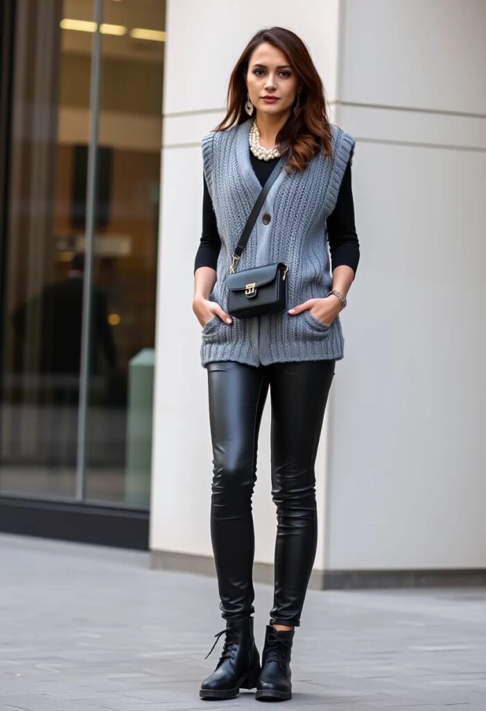 Grey Knit Vest & Leather Pants