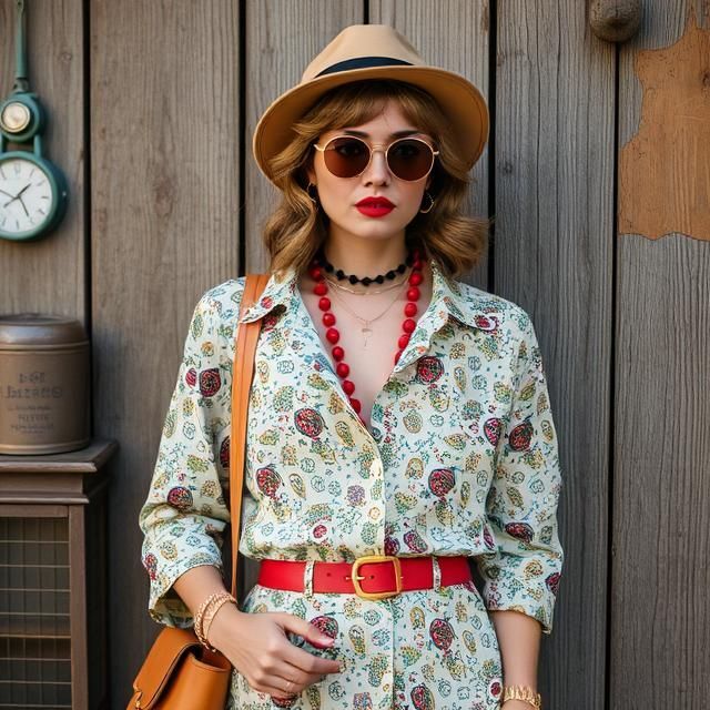 woman in retro 1970s style outfit floral with hat and glasses