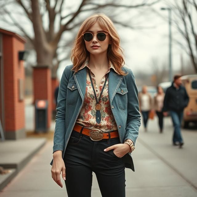 dark relaxed pants, floral blouse and denim open jacket with glasses