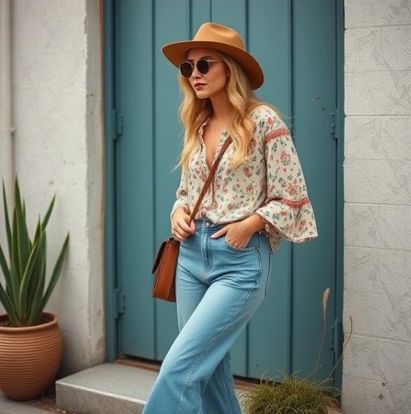 woman in boho chic 1970s style outfit