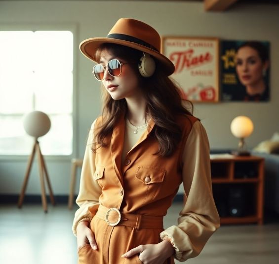 woman in brown 1970s style retro jumpsuit and wide brimmed hat with glasses