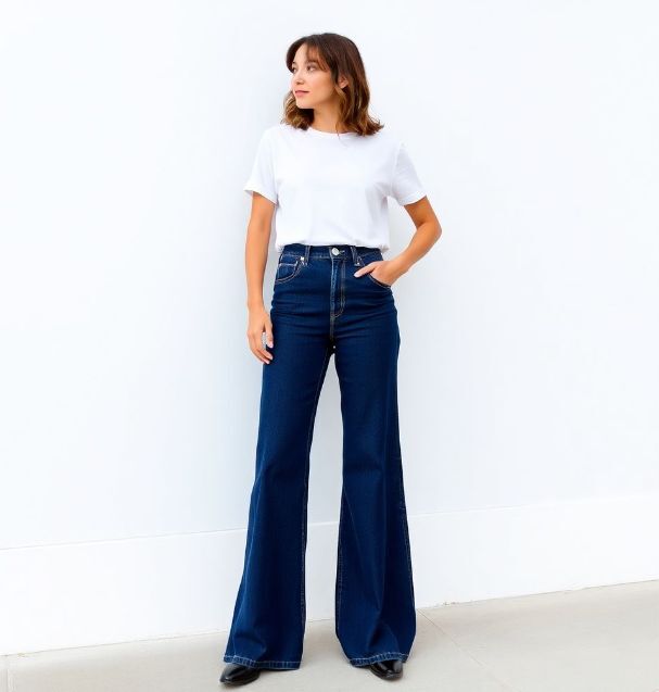 woman in flare jeans and simple white t shirt