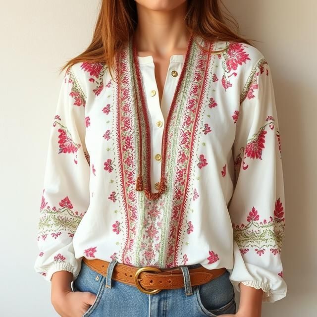 woman in floral peasant blouse and denim jeans