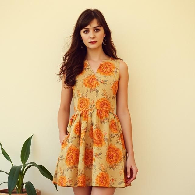 woman in flowy floral print 1970s style a-line dress