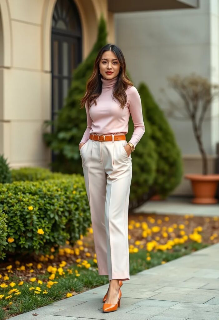 Pastel Turtleneck and High-Waisted Trousers