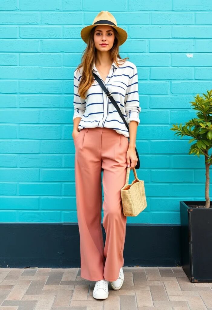 Striped Shirt and Wide-Leg Pants